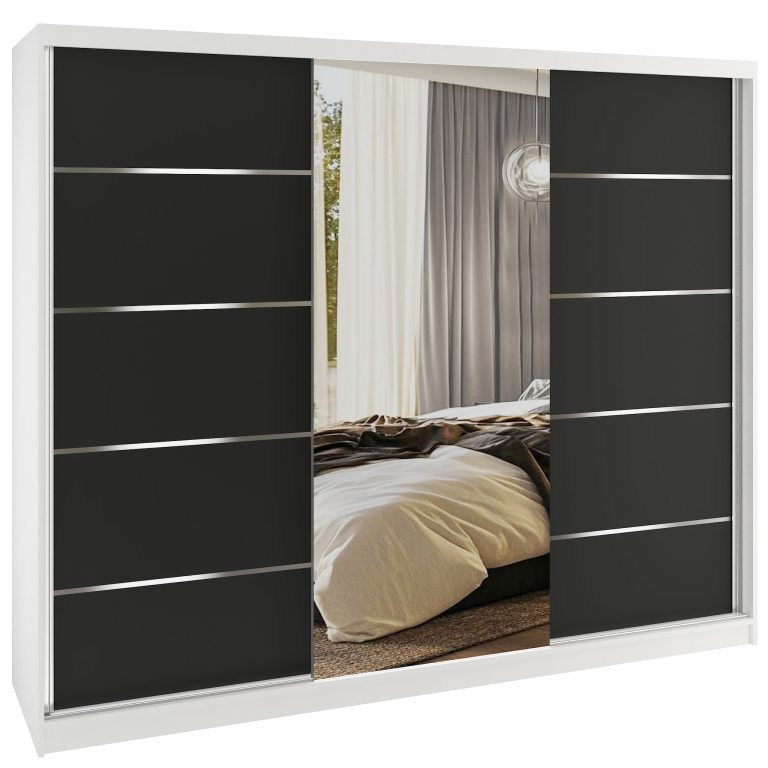 Dressing 232 cm Belini alb mat/negru mat cu usi glisante cu oglinda si sertare MBP SERENITY SZP8/0/W/B/0/HIAL