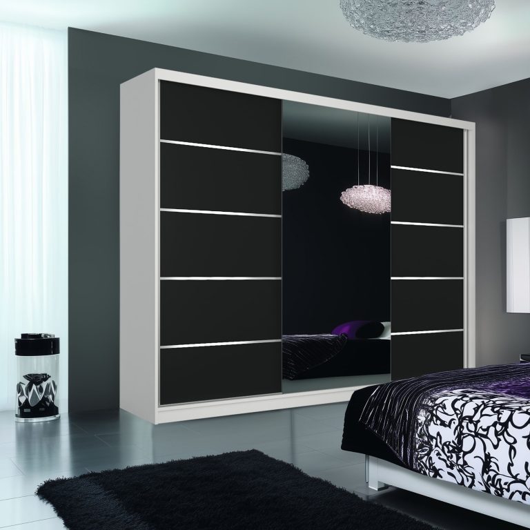 Dressing 200 cm Belini alb mat/negru mat cu usi glisante cu oglinda si sertare MT SERENITY SZP5/0/W/B/0/HIAL