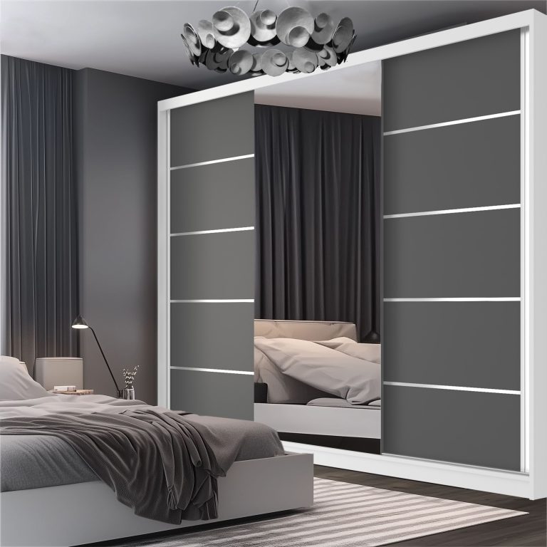 Dressing 232 cm Belini mat alb/gri mat cu usi glisante cu oglinda si sertare MBP SERENITY SZP8/0/W/SR/0/HIAL