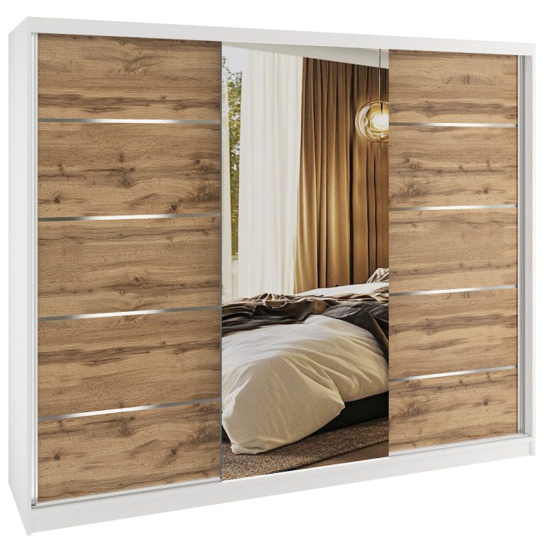 Dressing 232 cm Belini alb mat/stejar wotan cu usi glisante cu oglinda si sertare MBP SERENITY SZP8/0/W/DW/0/HIAL