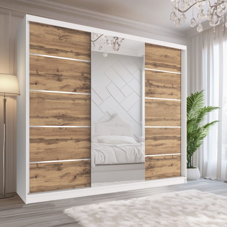 Dressing 232 cm Belini alb mat/stejar wotan cu usi glisante cu oglinda si sertare MBP SERENITY SZP8/0/W/DW/0/HIAL