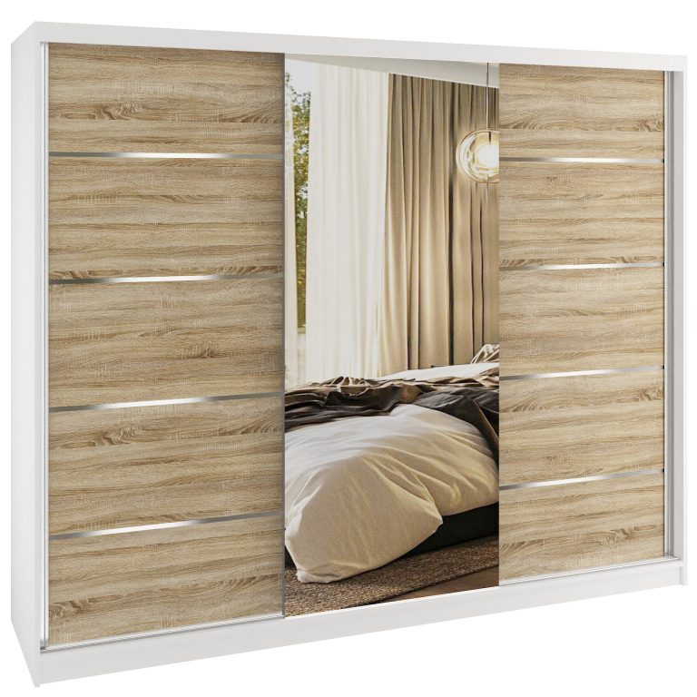 Dressing 232 cm Belini alb mat/stejar sonoma cu usi glisante cu oglinda si sertare MBP SERENITY SZP8/0/W/DS/0/HIAL
