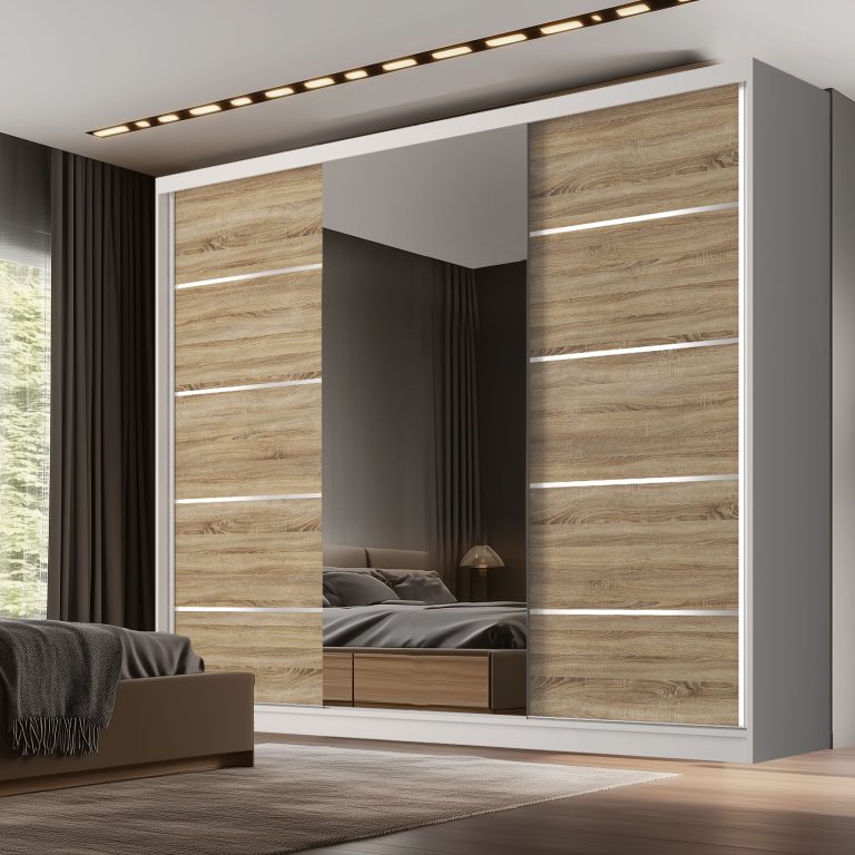 Dressing 200 cm Belini alb mat/stejar sonoma cu usi glisante cu oglinda si sertare MT SERENITY SZP5/0/W/DS/0/HIAL