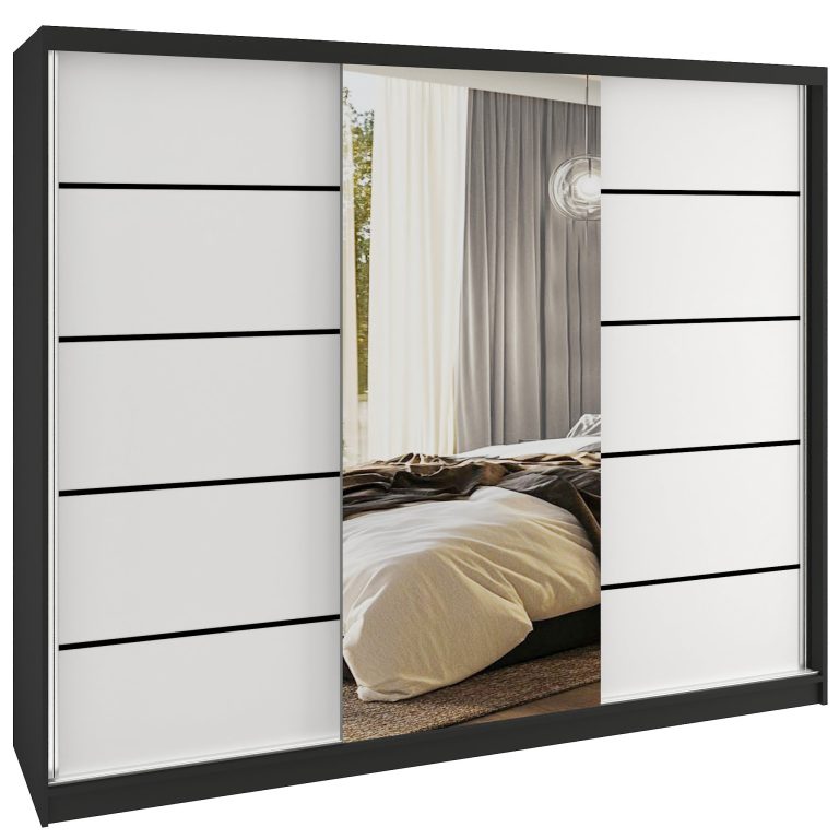 Dressing 232 cm Belini negru mat/alb mat cu usi glisante cu oglinda si sertare MBP SERENITY SZP8/0/B/W/0/HIAL