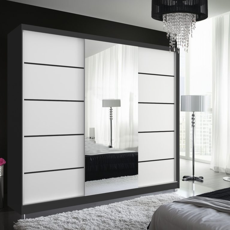 Dressing 200 cm Belini negru mat/alb mat cu usi glisante cu oglinda si sertare MT SERENITY SZP5/0/B/W/0/HIAL