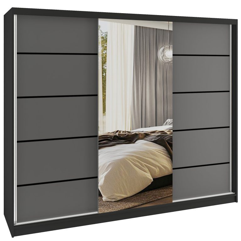 Dressing 232 cm Belini mat negru/gri mat  cu usi glisante cu oglinda si sertare MBP SERENITY SZP8/0/B/SR/0/HIAL