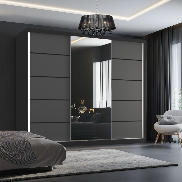 Dressing 232 cm Belini mat negru/gri mat  cu usi glisante cu oglinda si sertare MBP SERENITY SZP8/0/B/SR/0/HIAL