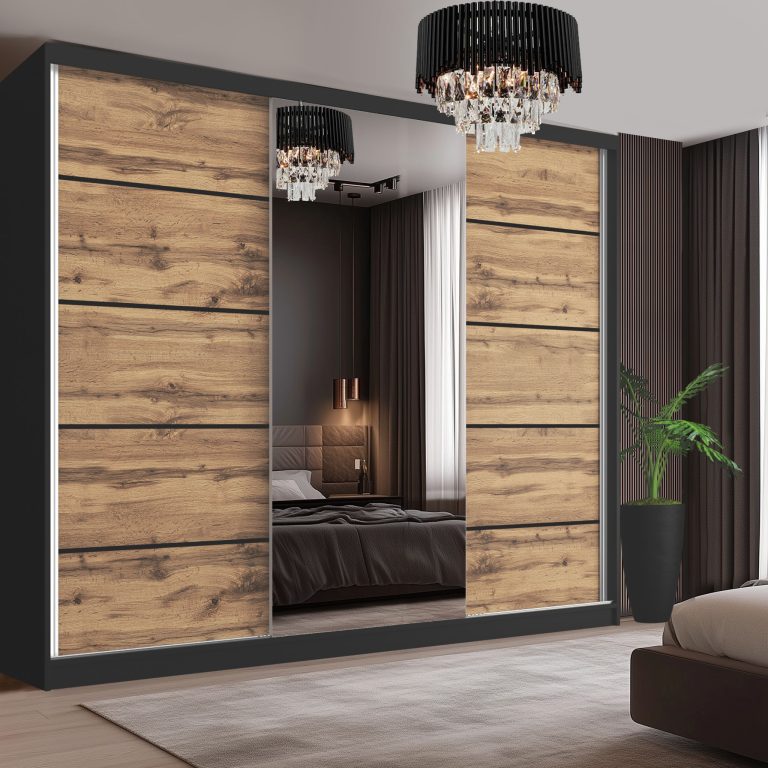 Dressing 200 cm Belini negru mat/stejar wotan cu usi glisante cu oglinda si sertare MT SERENITY SZP5/0/B/DW/0/HIAL