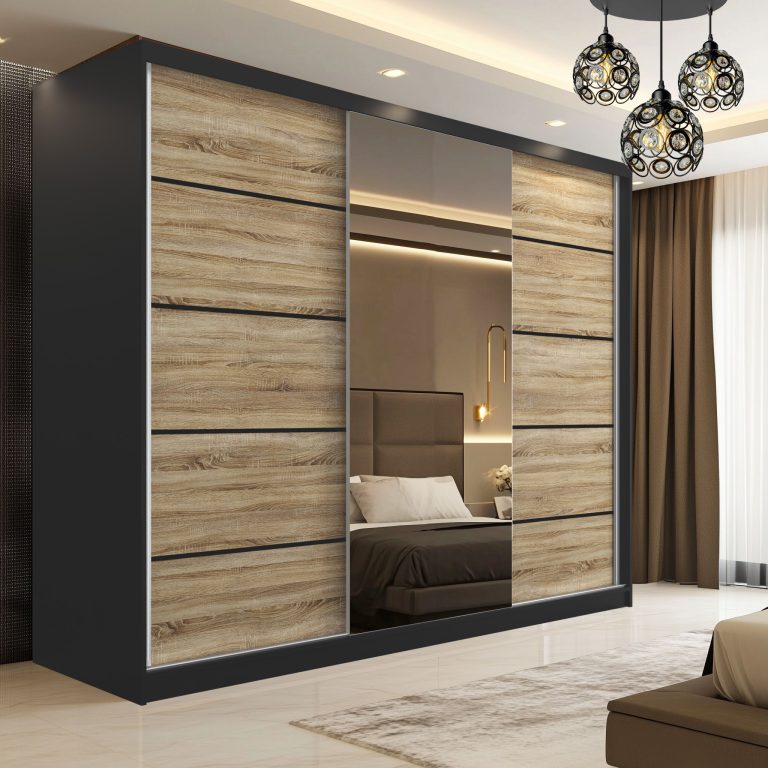 Dressing 200 cm Belini negru mat/stejar sonoma cu usi glisante cu oglinda si sertare MT SERENITY SZP5/0/B/DS/0/HIAL