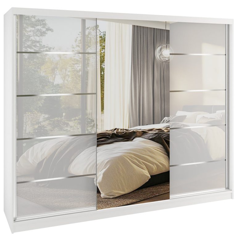 Dressing 200 cm Belini alb mat/alb lucios cu usi glisante cu oglinda si sertare MTG SERENITY SZP5/0/W/W/0/HIAL