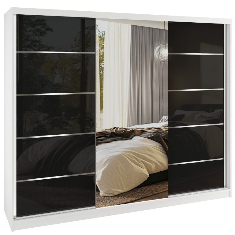 Dressing 232 cm Belini alb mat/negru lucios cu usi glisante cu oglinda si sertare MGB SERENITY SZP8/0/W/B/0/HIAL