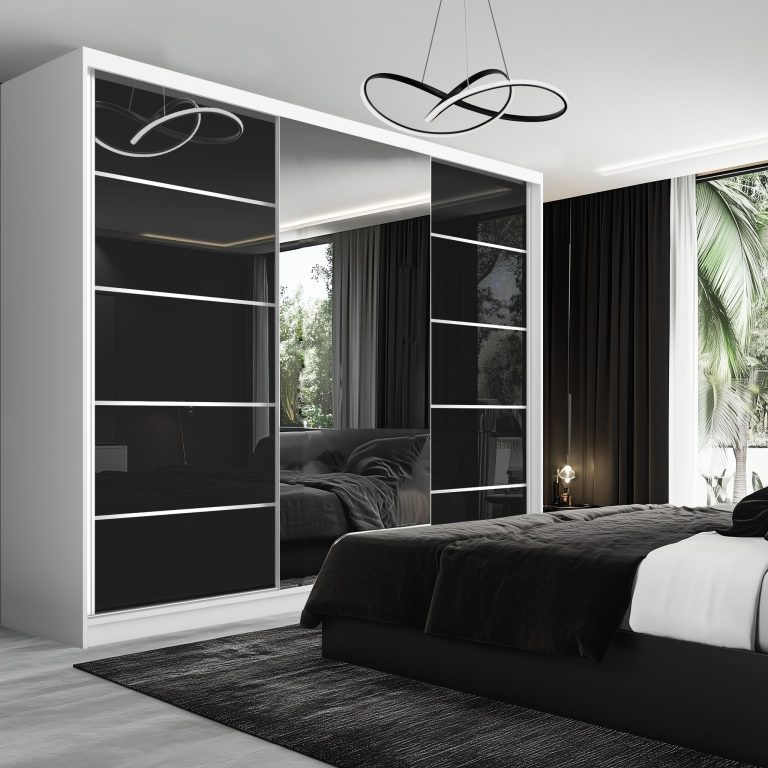 Dressing 232 cm Belini alb mat/negru lucios cu usi glisante cu oglinda si sertare MGB SERENITY SZP8/0/W/B/0/HIAL