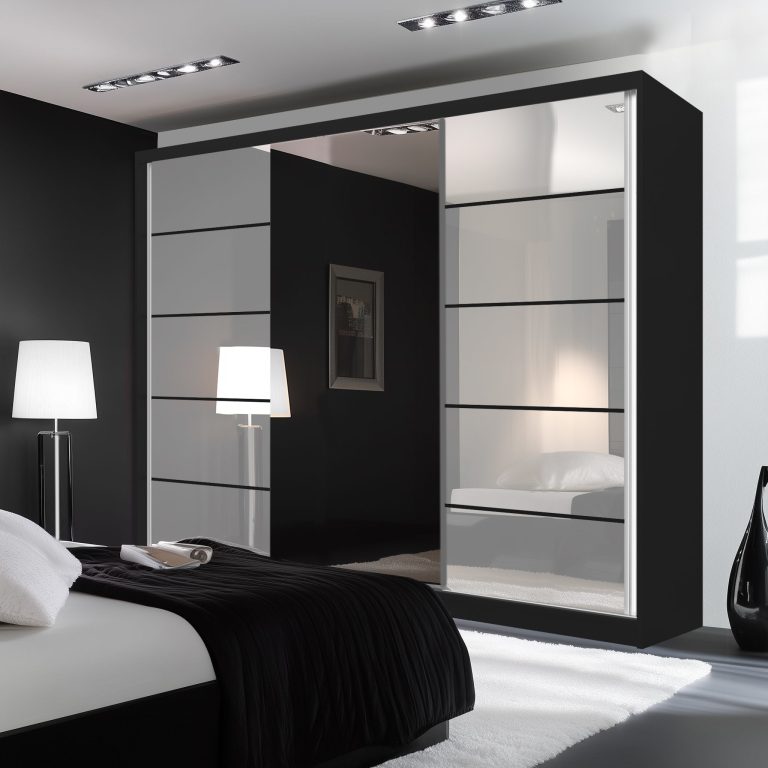 Dressing 232 cm Belini negru mat/alb lucios cu usi glisante cu oglinda si sertare MGB SERENITY SZP8/0/B/W/0/HIAL