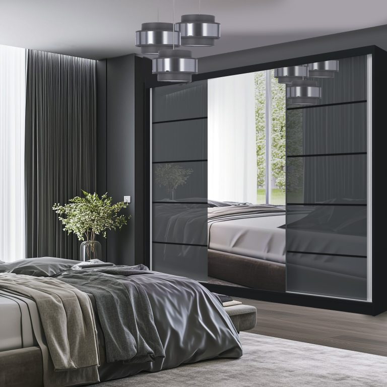 Dressing 232 cm Belini negru mat/gri lucios cu usi glisante cu oglinda si sertare MGB SERENITY SZP8/0/B/S/0/HIAL