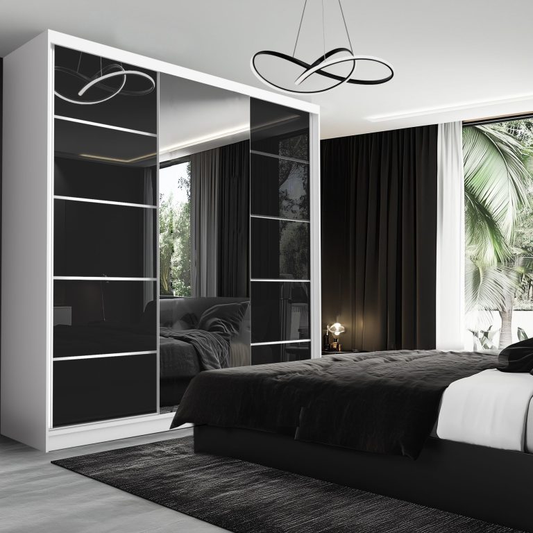 Dressing 200 cm Belini alb mat/negru lucios cu usi glisante cu oglinda si sertare MTG SERENITY SZP5/0/W/B/0/HIAL