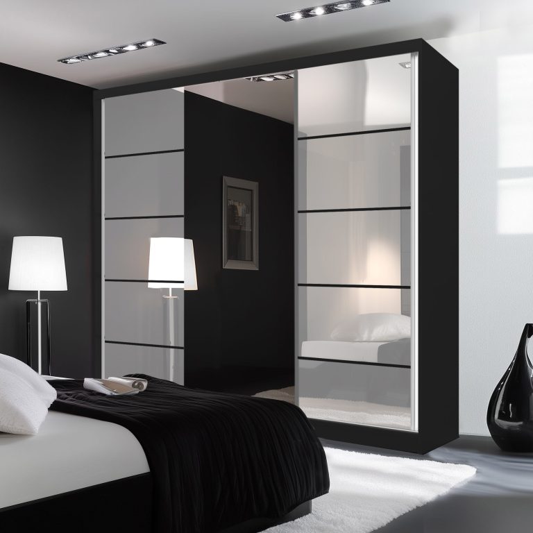 Dressing 200 cm Belini negru mat/alb lucios cu usi glisante cu oglinda si sertare MTG SERENITY SZP5/0/B/W/0/HIAL