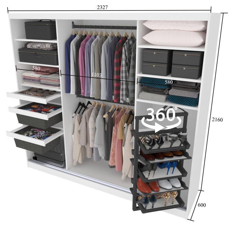 Dressing 232 cm Belini negru mat/negru lucios cu usi glisante cu oglinda si sertare MGB SERENITY SZP8/0/B/B/0/HIAL