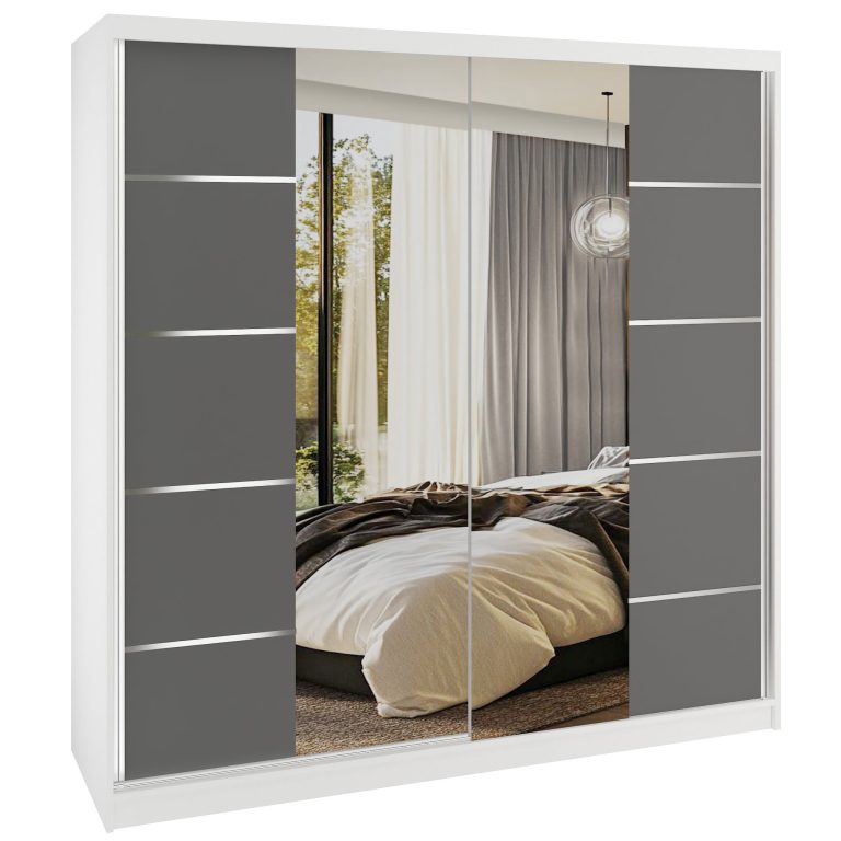 Dressing 200 cm Belini mat alb/gri mat cu usi glisante cu oglinda si sertare ME SERENITY SZP5/0/W/SR/0/HIAL