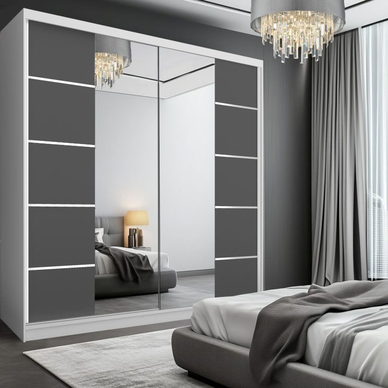 Dressing 200 cm Belini mat alb/gri mat cu usi glisante cu oglinda si sertare ME SERENITY SZP5/0/W/SR/0/HIAL