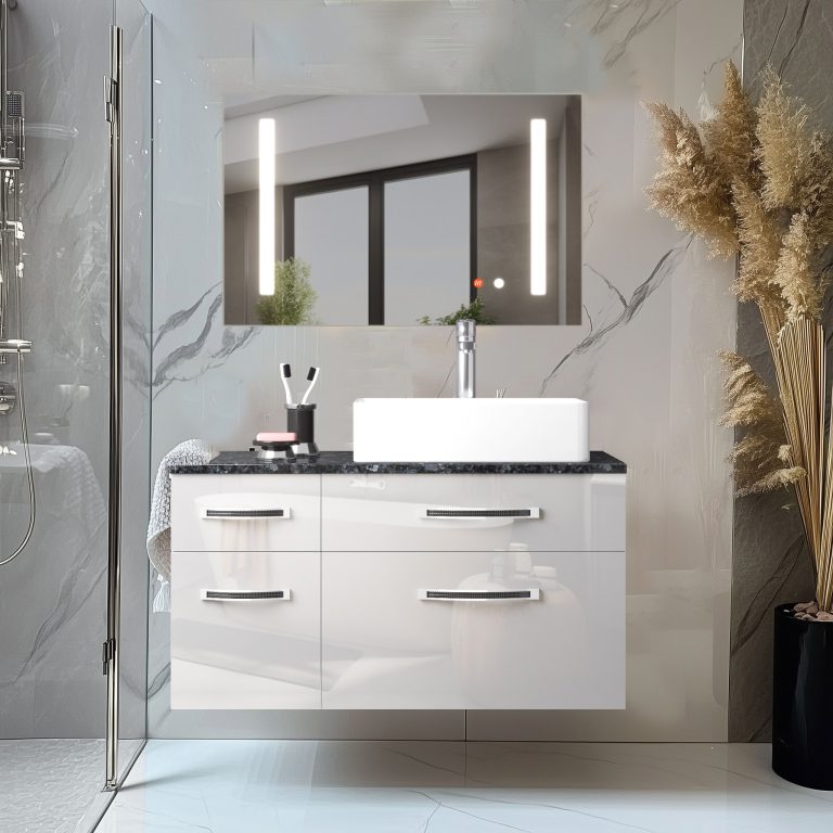 Set mobilier de baie Euphoria alb lucios EUP P 90L/0/W/W/0/BK/MB