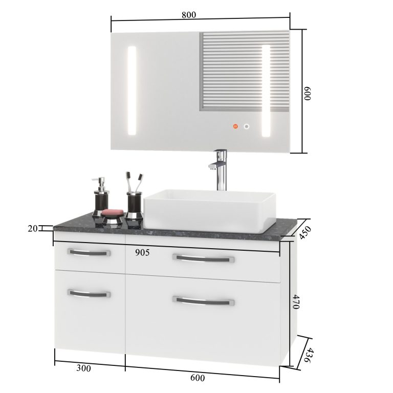 Set mobilier de baie Euphoria alb lucios EUP P 90L/0/W/W/0/BK/MB