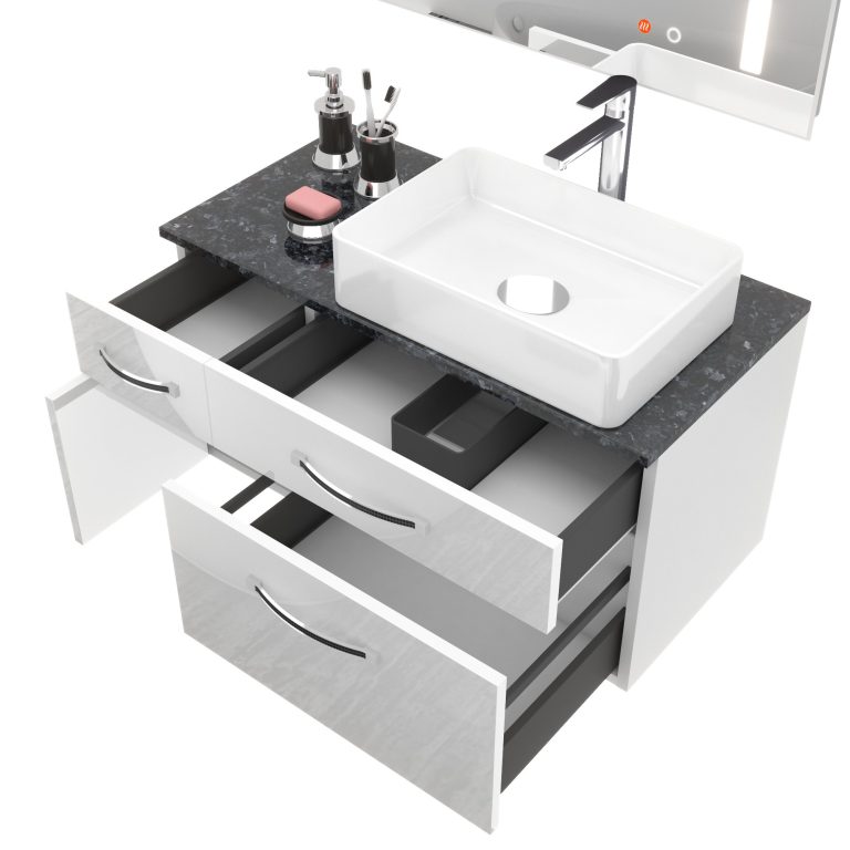 Set mobilier de baie Euphoria alb lucios EUP P 90L/0/W/W/0/BK/MB