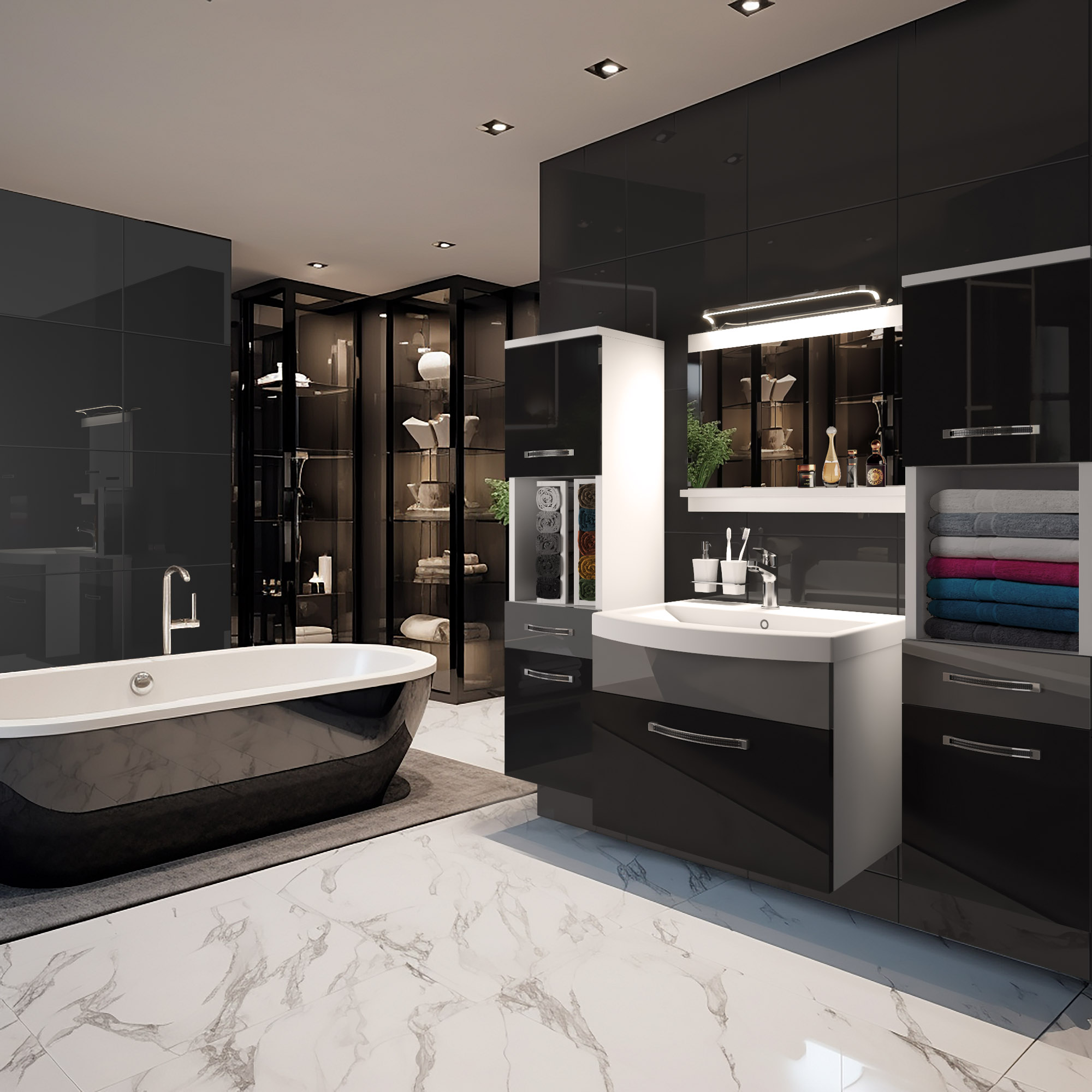 Baie modernă cu accente negre și mobilier elegant