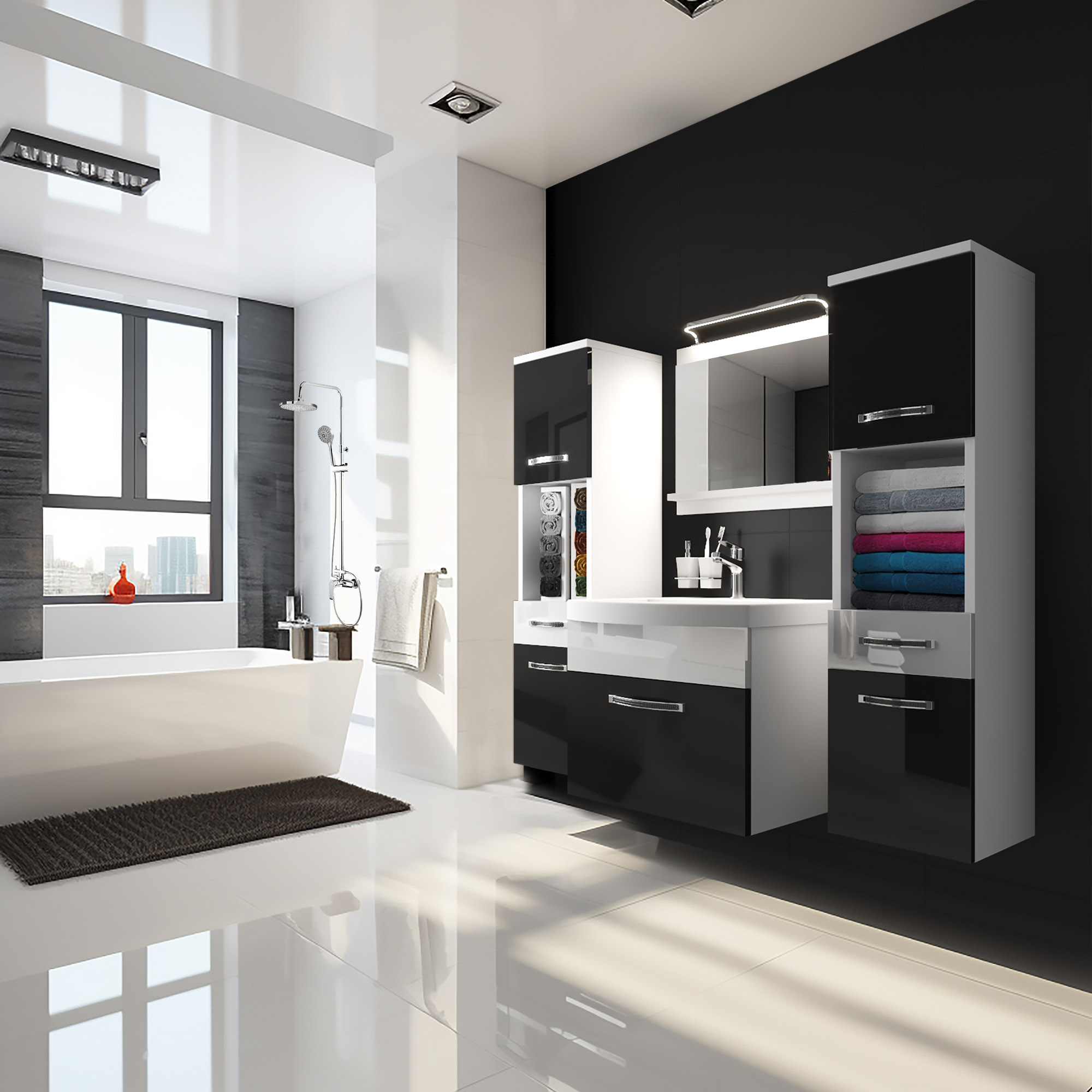 Baie modernă cu mobilier negru și alb