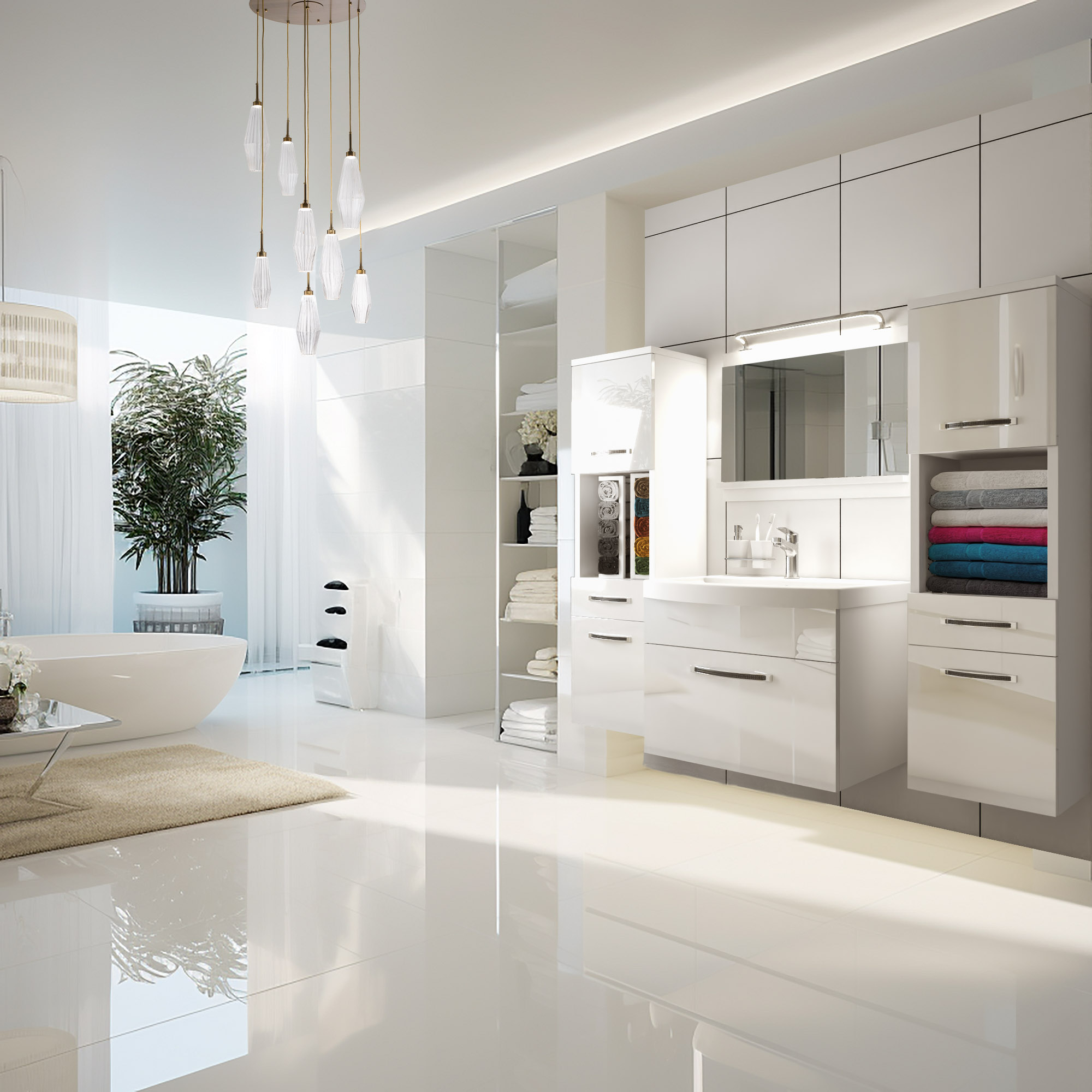 Baie albă cu mobilier funcțional și iluminat elegant
