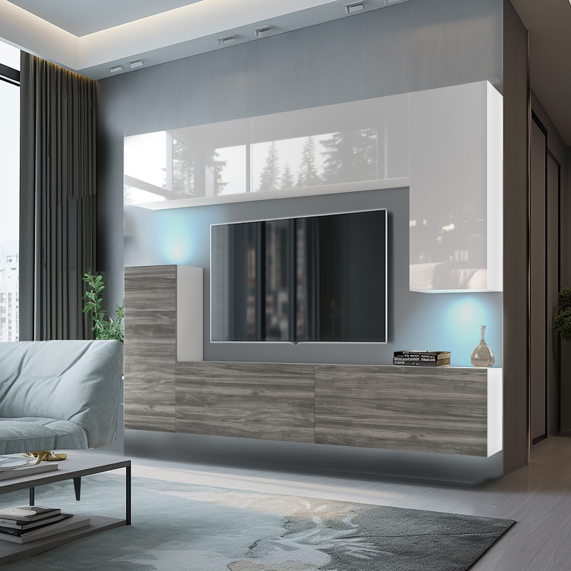 Living modern cu mobilier elegant și TV montat pe perete