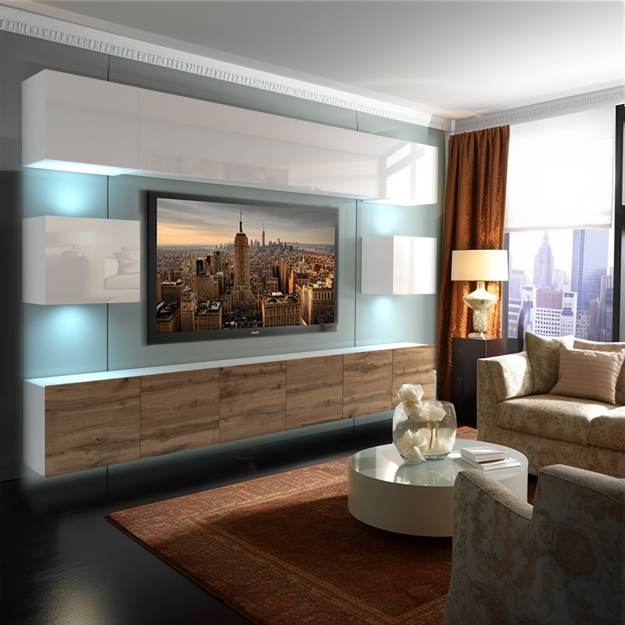 Living elegant cu mobilier și decor urban