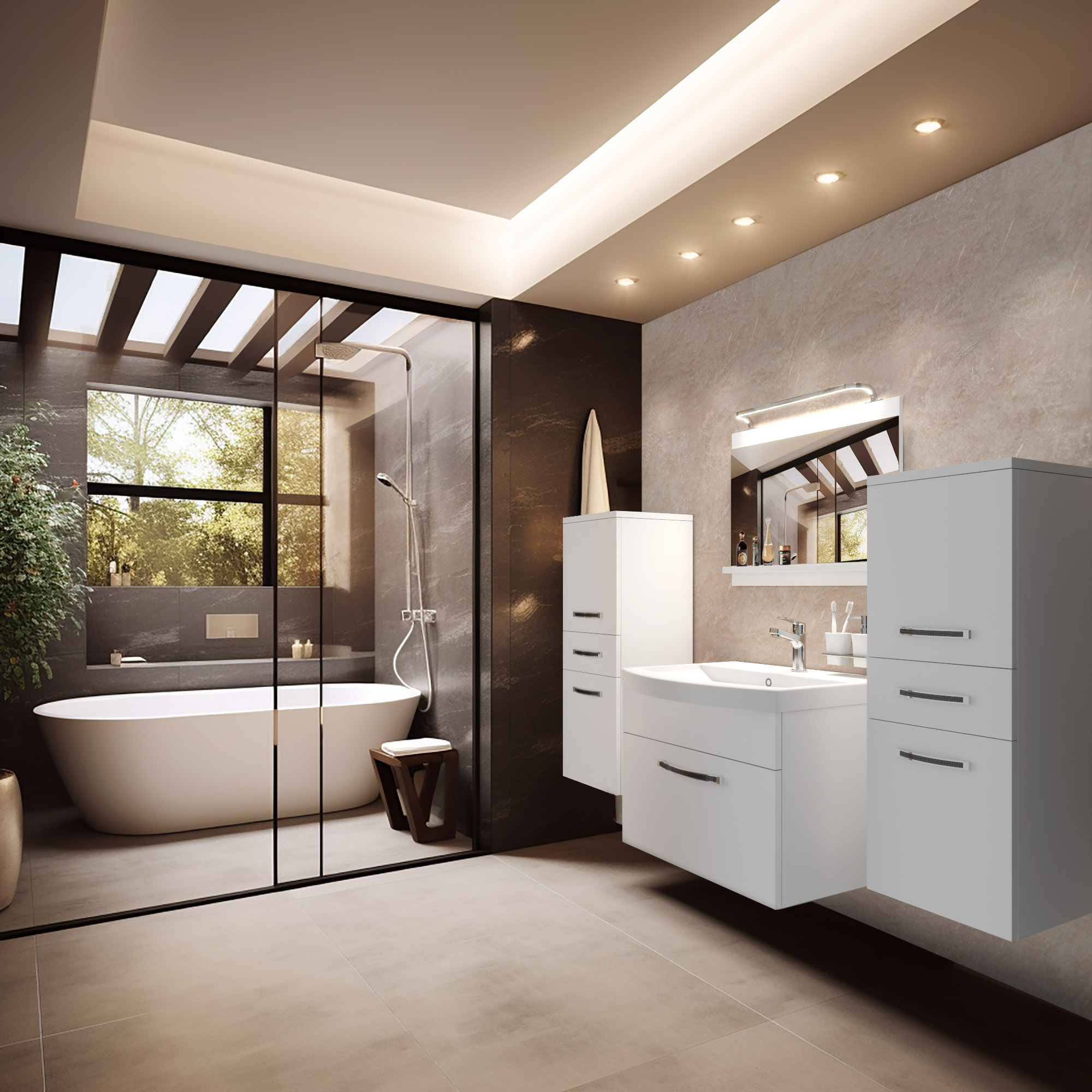 Interior de baie modernă cu mobilier alb și cadă elegantă