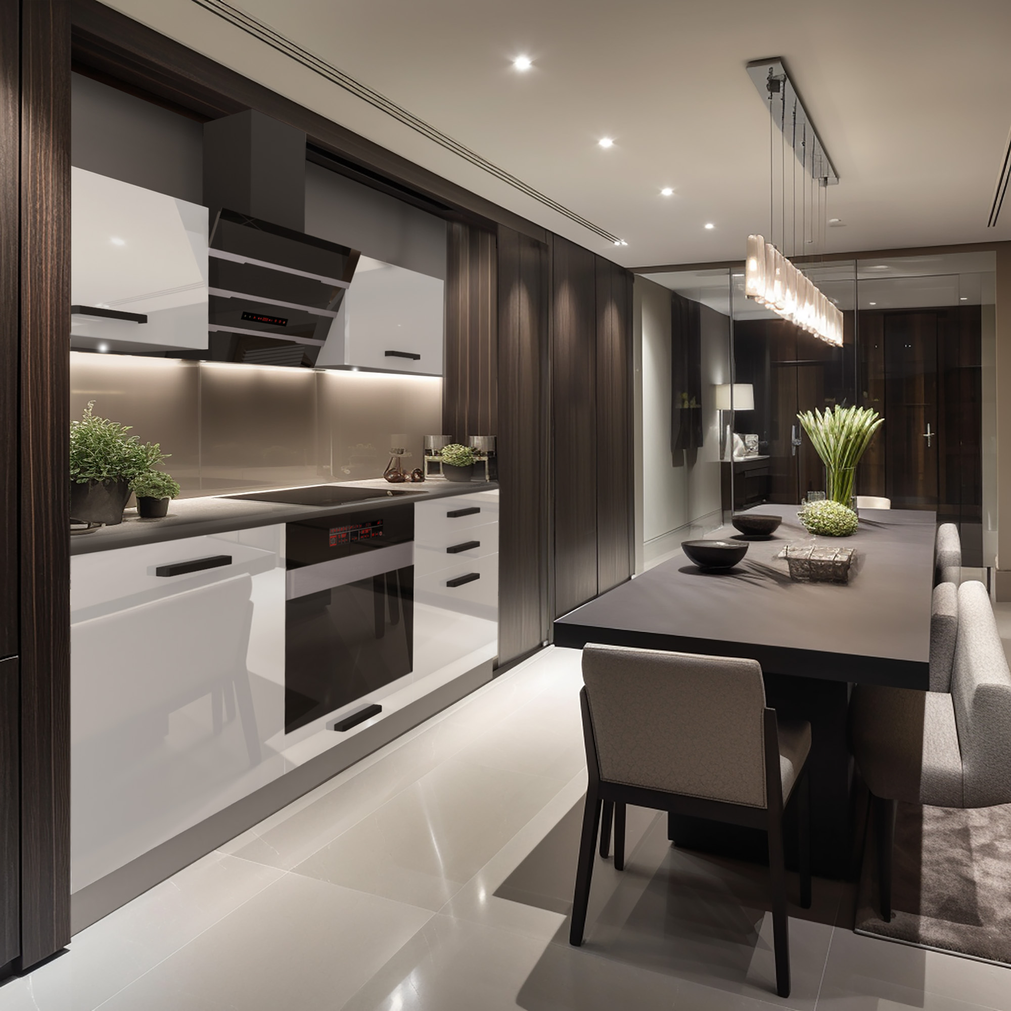 Bucătărie cu blat de marmură neagră și design elegant