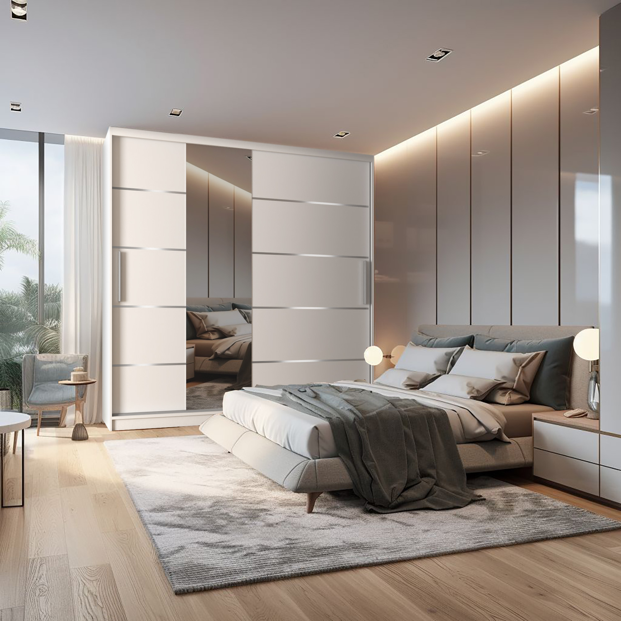 Dormitor modern cu mobilier în culori neutre