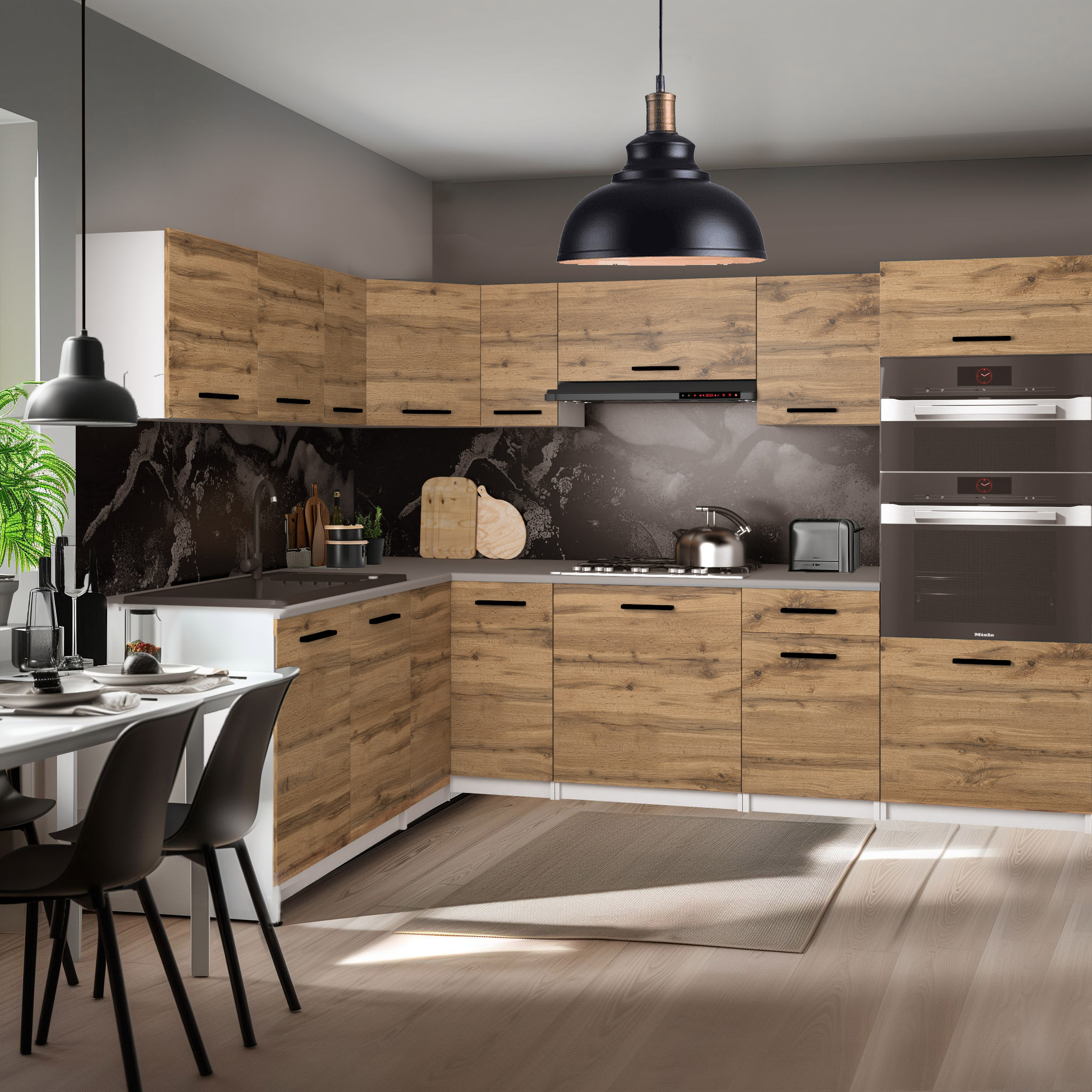 Bucătărie cu fronturi din lemn și design funcțional