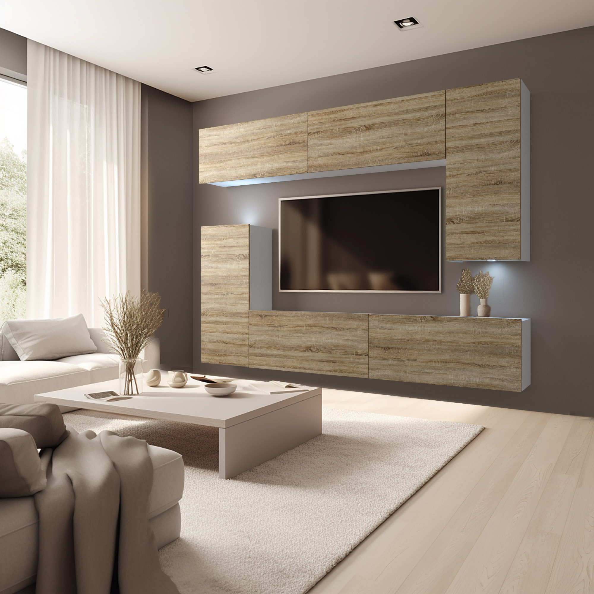 Living cu mobilier rustic și design contemporan